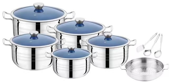 JUMBO Stainless Steel Cookware Set With Glass Lids and Steamer with Spoon Set (INDUCTION) (30-32-34-38-38 CM)